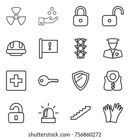 Thin line icon set : nuclear, chemical industry, lock, unlock, building helmet, important flag, traffic light, security man, first aid, key, shield, life vest, unlocked, alarm, stairs, gloves