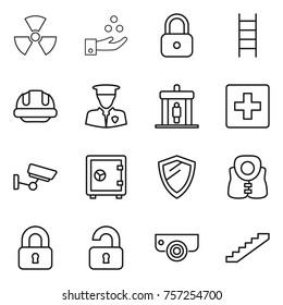 Thin line icon set : nuclear, chemical industry, lock, stairs, building helmet, security man, detector, first aid, surveillance, safe, shield, life vest, locked, unlocked, camera