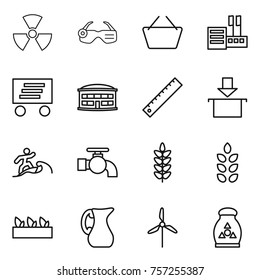 Thin line icon set : nuclear, smart glasses, basket, store, delivery, airport building, ruler, package, surfer, water tap, spikelets, seedling, jug, windmill, fertilizer