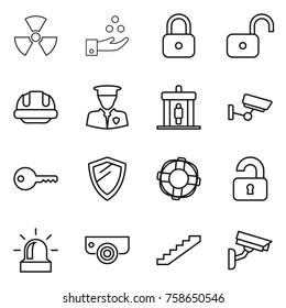 Thin line icon set : nuclear, chemical industry, lock, unlock, building helmet, security man, detector, surveillance, key, shield, lifebuoy, unlocked, alarm, camera, stairs