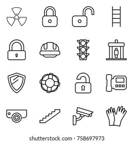 Thin line icon set : nuclear, lock, unlock, stairs, building helmet, traffic light, detector, shield, lifebuoy, unlocked, intercome, surveillance camera, gloves