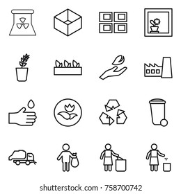 Thin line icon set : nuclear power, box, panel house, flower in window, seedling, hand leaf, factory, drop, ecology, recycling, trash bin, truck, garbage