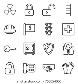 Thin line icon set : nuclear, lock, unlock, stairs, building helmet, important flag, traffic light, first aid, key, safe, shield, life vest, unlocked, intercome, surveillance camera, gloves