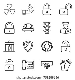 Thin line icon set : nuclear, chemical industry, lock, unlock, building helmet, traffic light, security man, detector, shield, lifebuoy, locked, unlocked, intercome, surveillance camera, gloves