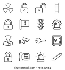 Thin line icon set : nuclear, lock, unlock, stairs, important flag, traffic light, alarm, security man, surveillance, key, safe, locked, intercome