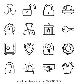 Thin line icon set : nuclear, unlock, lock, building helmet, alarm, security man, detector, key, safe, shield, life vest, lifebuoy, unlocked, surveillance camera, gloves