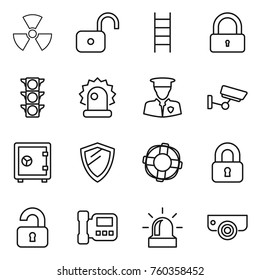 Thin line icon set : nuclear, unlock, stairs, lock, traffic light, alarm, security man, surveillance, safe, shield, lifebuoy, locked, unlocked, intercome, camera