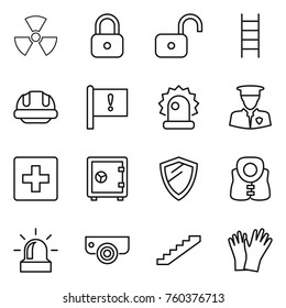 Thin line icon set : nuclear, lock, unlock, stairs, building helmet, important flag, alarm, security man, first aid, safe, shield, life vest, surveillance camera, gloves