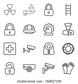 Thin line icon set : nuclear, chemical industry, lock, stairs, building helmet, alarm, security man, first aid, surveillance, life vest, lifebuoy, unlocked, camera, gloves