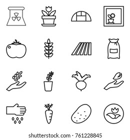 Thin line icon set : nuclear power, flower, greenhouse, in window, tomato, spikelets, field, flour, harvest, seedling, beet, hand leaf, sow, carrot, potato, ecology
