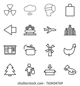 Thin line icon set : nuclear, cloud wireless, virtual mask, shopping bag, left arrow, flower bed, plane, hotel, wardrobe, steam pan, windmill, chicken, spruce, trash, package, wiping