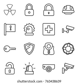 Thin line icon set : nuclear, lock, building helmet, important flag, alarm, first aid, surveillance, key, shield, life vest, lifebuoy, unlocked, camera