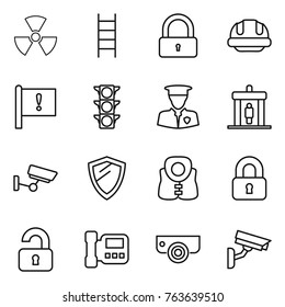 Thin line icon set : nuclear, stairs, lock, building helmet, important flag, traffic light, security man, detector, surveillance, shield, life vest, locked, unlocked, intercome, camera