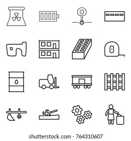 Thin line icon set : nuclear power, battery, laser, bunker, slum, modular house, brick, measuring tape, barrel, fork loader, railroad shipping, pallet, plow, soil cutter, gears, garbage bin