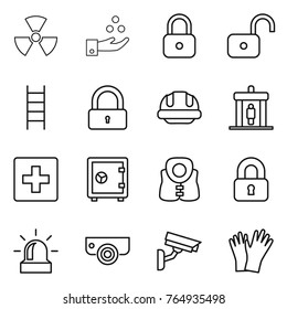 Thin line icon set : nuclear, chemical industry, lock, unlock, stairs, building helmet, detector, first aid, safe, life vest, locked, alarm, surveillance camera, gloves