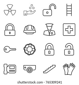 Thin line icon set : nuclear, chemical industry, unlock, stairs, lock, building helmet, security man, first aid, key, lifebuoy, locked, unlocked, intercome, surveillance camera, gloves