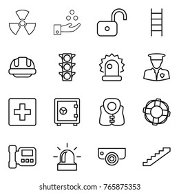 Thin line icon set : nuclear, chemical industry, unlock, stairs, building helmet, traffic light, alarm, security man, first aid, safe, life vest, lifebuoy, intercome, surveillance camera