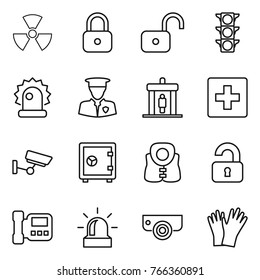 Thin line icon set : nuclear, lock, unlock, traffic light, alarm, security man, detector, first aid, surveillance, safe, life vest, unlocked, intercome, camera, gloves