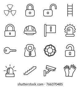 Thin line icon set : nuclear, lock, unlock, stairs, building helmet, important flag, alarm, key, life vest, lifebuoy, unlocked, surveillance camera, gloves