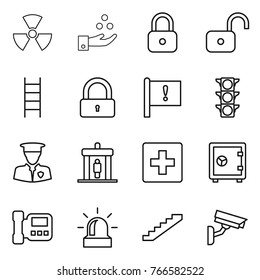 Thin line icon set : nuclear, chemical industry, lock, unlock, stairs, important flag, traffic light, security man, detector, first aid, safe, intercome, alarm, surveillance camera