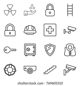 Thin line icon set : nuclear, chemical industry, lock, stairs, building helmet, first aid, surveillance, key, safe, shield, life vest, lifebuoy, camera