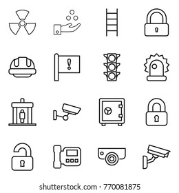 Thin line icon set : nuclear, chemical industry, stairs, lock, building helmet, important flag, traffic light, alarm, detector, surveillance, safe, locked, unlocked, intercome, camera