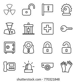 Thin line icon set : nuclear, unlock, important flag, alarm, security man, detector, first aid, key, safe, life vest, locked, unlocked, intercome, surveillance camera, gloves