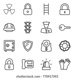 Thin line icon set : nuclear, lock, stairs, building helmet, traffic light, security man, key, safe, shield, life vest, lifebuoy, locked, intercome, alarm, gloves