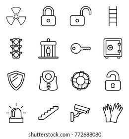 Thin line icon set : nuclear, lock, unlock, stairs, traffic light, detector, key, safe, shield, life vest, lifebuoy, unlocked, alarm, surveillance camera, gloves