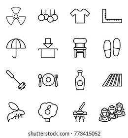 Thin line icon set : nuclear, sale, t shirt, ruler, dry cargo, package, chair, slippers, whisk, fork spoon plate, ketchup, field, wasp, garden, vacuum cleaner, outsource