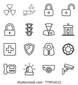 Thin line icon set : nuclear, chemical industry, lock, unlock, traffic light, security man, detector, first aid, shield, life vest, lifebuoy, intercome, alarm, surveillance camera