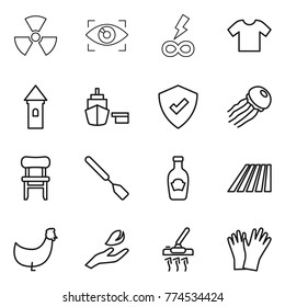 Thin line icon set : nuclear, eye identity, infinity power, t shirt, tower, port, protected, jellyfish, chair, spatula, ketchup, field, chicken, hand leaf, vacuum cleaner, gloves