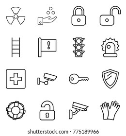 Thin line icon set : nuclear, chemical industry, lock, unlock, stairs, important flag, traffic light, alarm, first aid, surveillance, key, shield, lifebuoy, unlocked, camera, gloves