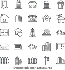 Thin Line Icon Set - Office Building Vector, Fence, House, Garden Light, Store, With Garage, Plan, Sweet Home, City, Cafe, Eco, Door