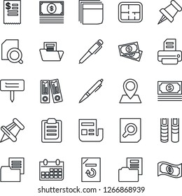 Thin Line Icon Set - office binder vector, document search, calendar, reload, printer, plant label, pin, cash, folder, paper, clipboard, news, blank box, book, pen, plan, restaurant receipt