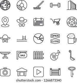 Thin Line Icon Set - office building vector, circle chart, fence, rake, wheelbarrow, barbell, term, container, warehouse, reel, camera, play button, place tag, music, pie graph, pool, sale, table