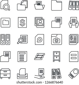 Thin Line Icon Set - office binder vector, document search, receipt, folder, photo gallery, paper, tray, archive box, usb flash