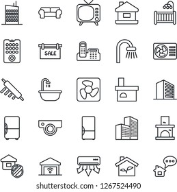 Thin Line Icon Set - office building vector, fireplace, tv, phone, house, sale, children room, bathroom, cushioned furniture, fridge, city, estate insurance, rolling pin, eco, fan, remote control