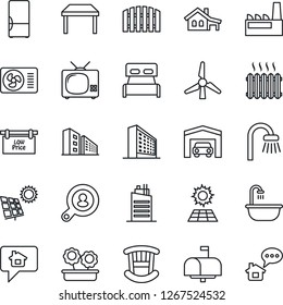 Thin Line Icon Set - office building vector, house with garage, sun panel, windmill, fence, low price signboard, client search, bedroom, children room, table, bathroom, heater, air conditioner, tv