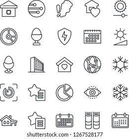 Thin Line Icon Set - office building vector, book, circle chart, term, network, favorites list, protect, brightness, eye id, calendar, pie graph, house with garage, sweet home, smart, egg stand