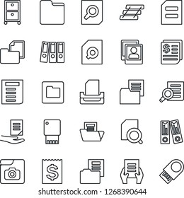 Thin Line Icon Set - office binder vector, document search, receipt, folder, photo gallery, paper, tray, archive box, usb flash