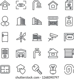 Thin Line Icon Set - office building vector, warehouse storage, house, water supply, garage, plan, estate document, sale, agent, key, bathroom, sweet home, alcove, remote control, bulb, jalousie