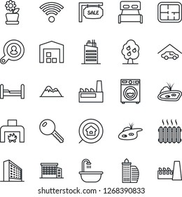 Thin Line Icon Set - office building vector, pond, fruit tree, mountains, garage, warehouse, plan, sale, estate search, client, key, bedroom, bathroom, washer, fireplace, heater, wireless, factory