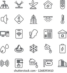 Thin Line Icon Set - office building vector, rent, smart home, control, remote, irrigation, water heater, wireless, snowflake, pc, smoke detector, thermometer, warm floor, sound, combination lock