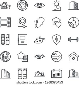 Thin Line Icon Set - office building vector, book, circle chart, barbell, eye, film frame, network, favorites list, protect, brightness, copybook, house with garage, tree, pond, sweet home, smart