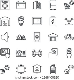 Thin Line Icon Set - office building vector, bird house, warehouse, with garage, tree, sun panel, plan, estate document, city, chip, irrigation, wireless, air conditioner, home control app, washer