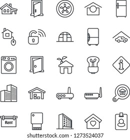 Thin Line Icon Set - office building vector, greenhouse, warehouse storage, house with garage, rent, estate search, sweet home, control, eco, fan, wireless lock, router, washer, bulb, fridge, door