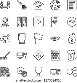 Thin Line Icon Set - office binder vector, document, rake, eye, fragile, flammable, route, reel, share, play button, sun panel, estate insurance, beer, eco house, pc, usb flash, pass card, money bag