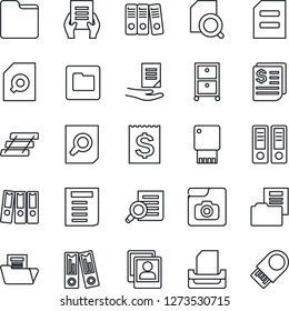 Thin Line Icon Set - office binder vector, document search, receipt, folder, photo gallery, paper, tray, archive box, usb flash