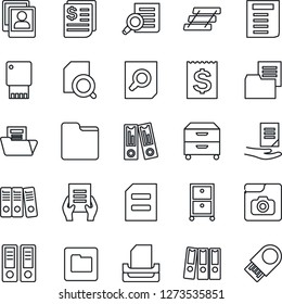 Thin Line Icon Set - office binder vector, document search, receipt, folder, photo gallery, paper, tray, archive box, usb flash